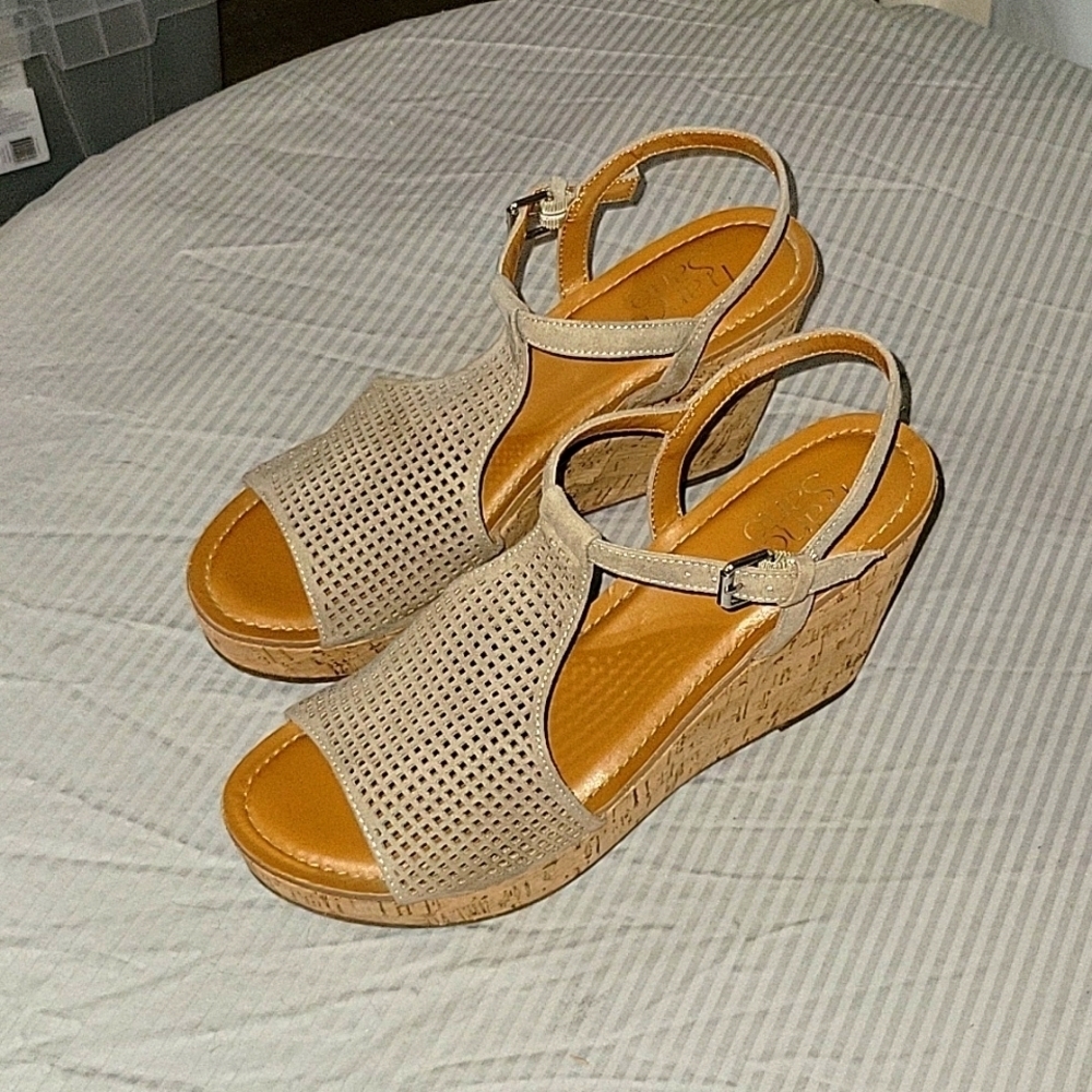 FRANCO SARTO Clinton2 cork wedges taupe faux suede open toe sandals 7 Summer
